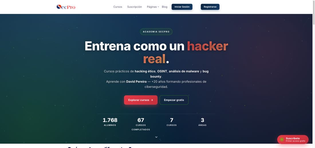 Portada de Academia SecPro: «Entrena como un hacker real», con cifras de alumnos y cursos.