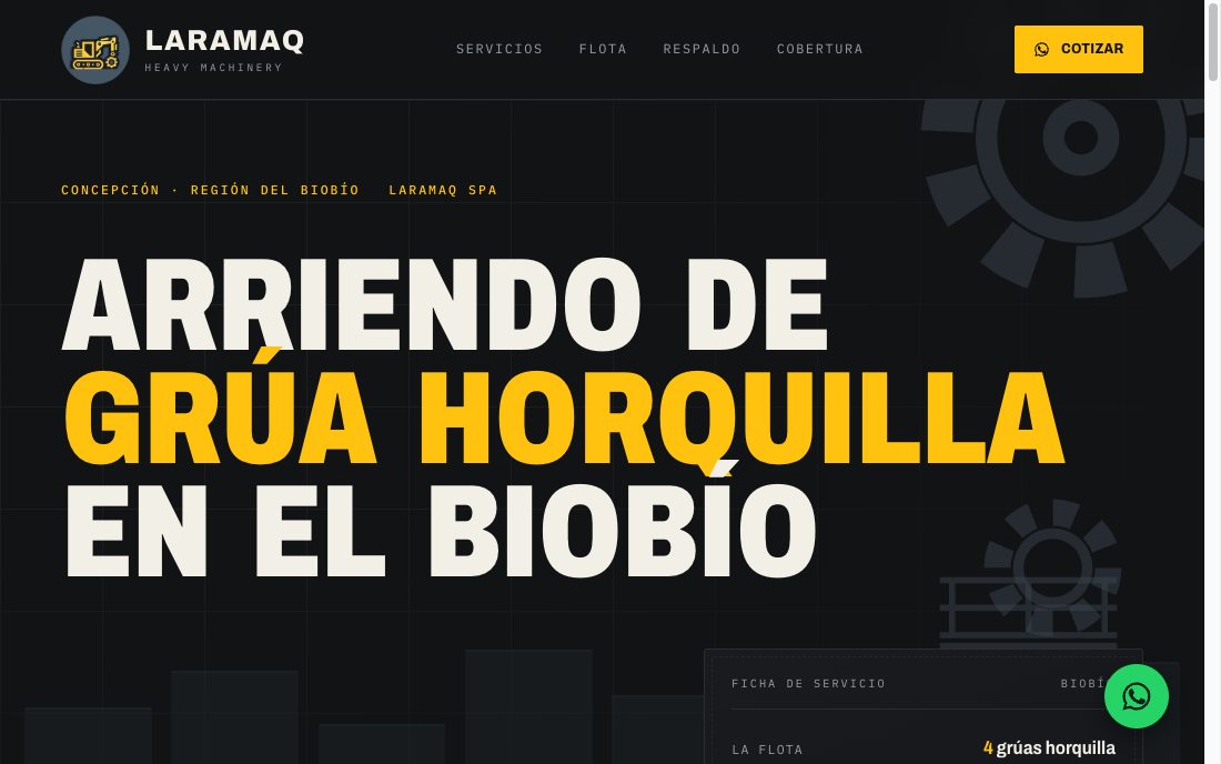 Portada de LaraMaq: sobre fondo negro, en letras amarillas enormes, «Arriendo de grúa horquilla en el Biobío».