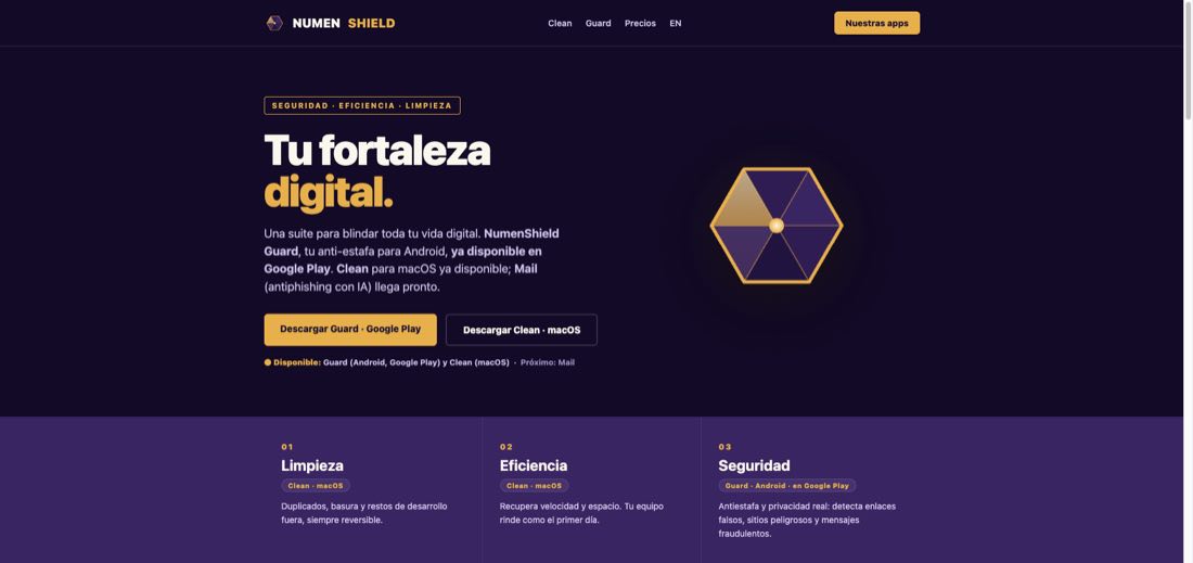 Portada de NumenShield: fondo morado oscuro con un escudo hexagonal dorado y el titular «Tu fortaleza digital».